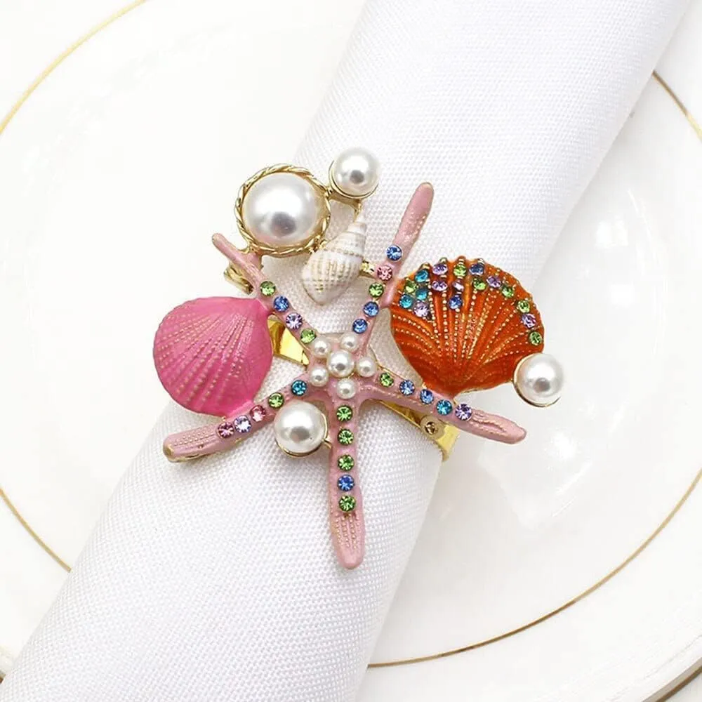 Starfish Ring, 3-Color Resin Adjustable Seashell & Rhinestone Dainty Rings For Women Beach Vacation Summer Jewelry Gift With Pearl Accents