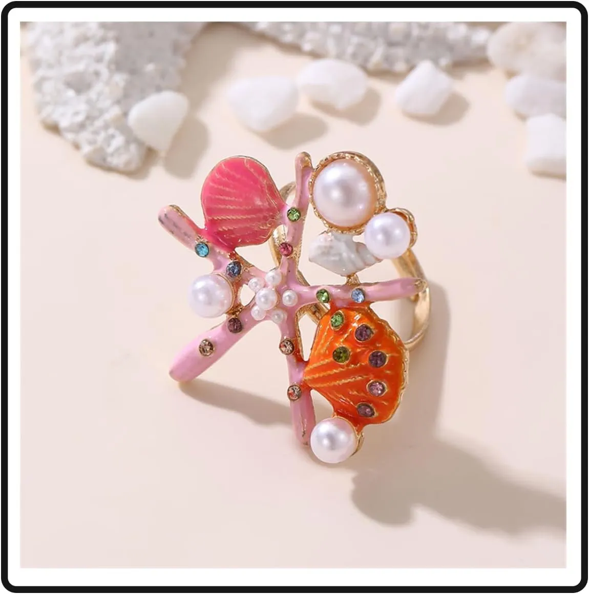 Starfish Ring, 3-Color Resin Adjustable Seashell & Rhinestone Dainty Rings For Women Beach Vacation Summer Jewelry Gift With Pearl Accents
