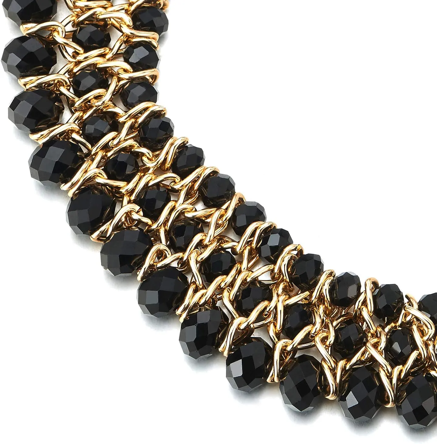 Statement Necklace Black Faceted Crystal Beads String Gold Braided Chain Pendant