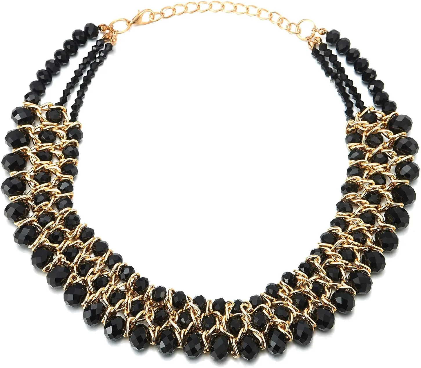 Statement Necklace Black Faceted Crystal Beads String Gold Braided Chain Pendant