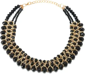 Statement Necklace Black Faceted Crystal Beads String Gold Braided Chain Pendant