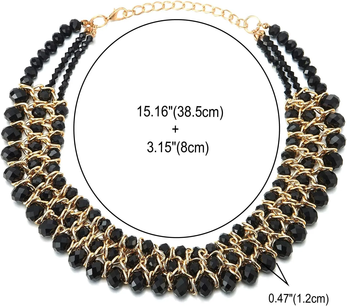 Statement Necklace Black Faceted Crystal Beads String Gold Braided Chain Pendant