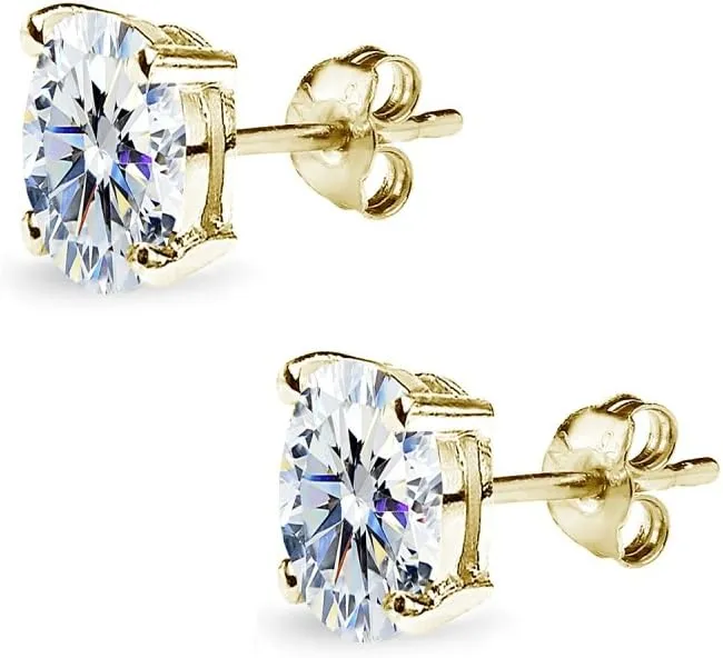 Sterling Silver 7x5mm Oval Solitaire Stud Earrings Made with AAA Zirconia