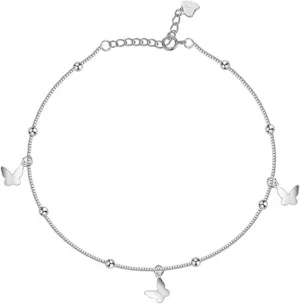 Sterling Silver 925 Star Butterfly Ball Anklet for Women Dainty Adjustable Foot Chain Summer Beach Jewelry for Wife Girlfriend Her