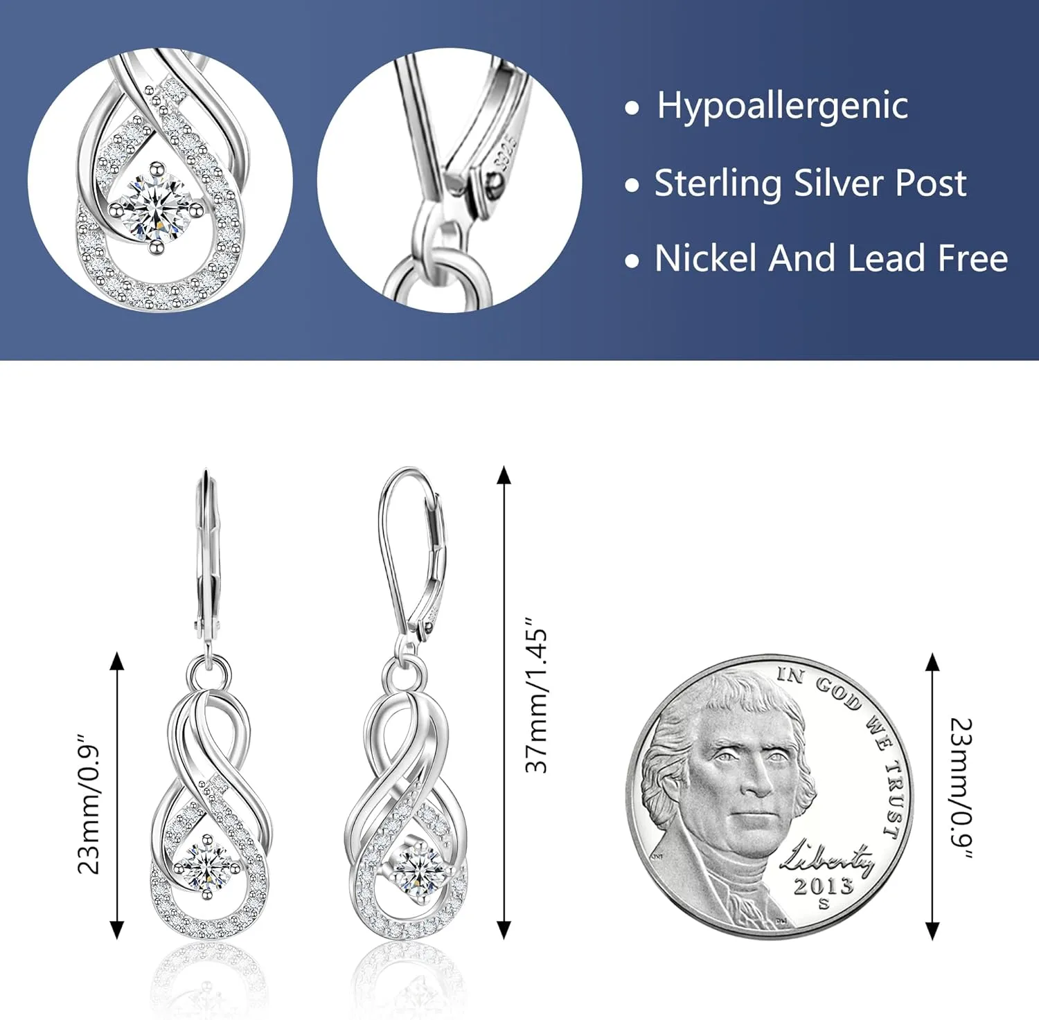 Sterling Silver Dangle Earrings for Women Trendy Hypoallergenic Leverback Silver Drop Earrings with Cubic Zirconia Double Twisted Infinity Heart Ball Charm Dangle Drop Earring Jewelry