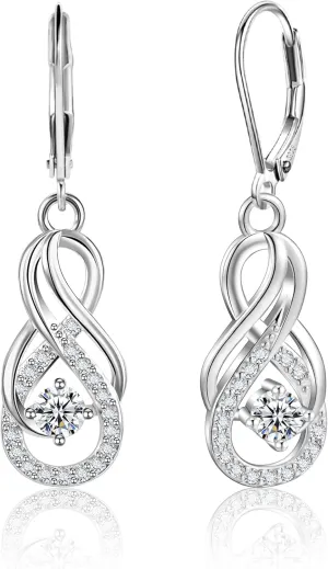 Sterling Silver Dangle Earrings for Women Trendy Hypoallergenic Leverback Silver Drop Earrings with Cubic Zirconia Double Twisted Infinity Heart Ball Charm Dangle Drop Earring Jewelry