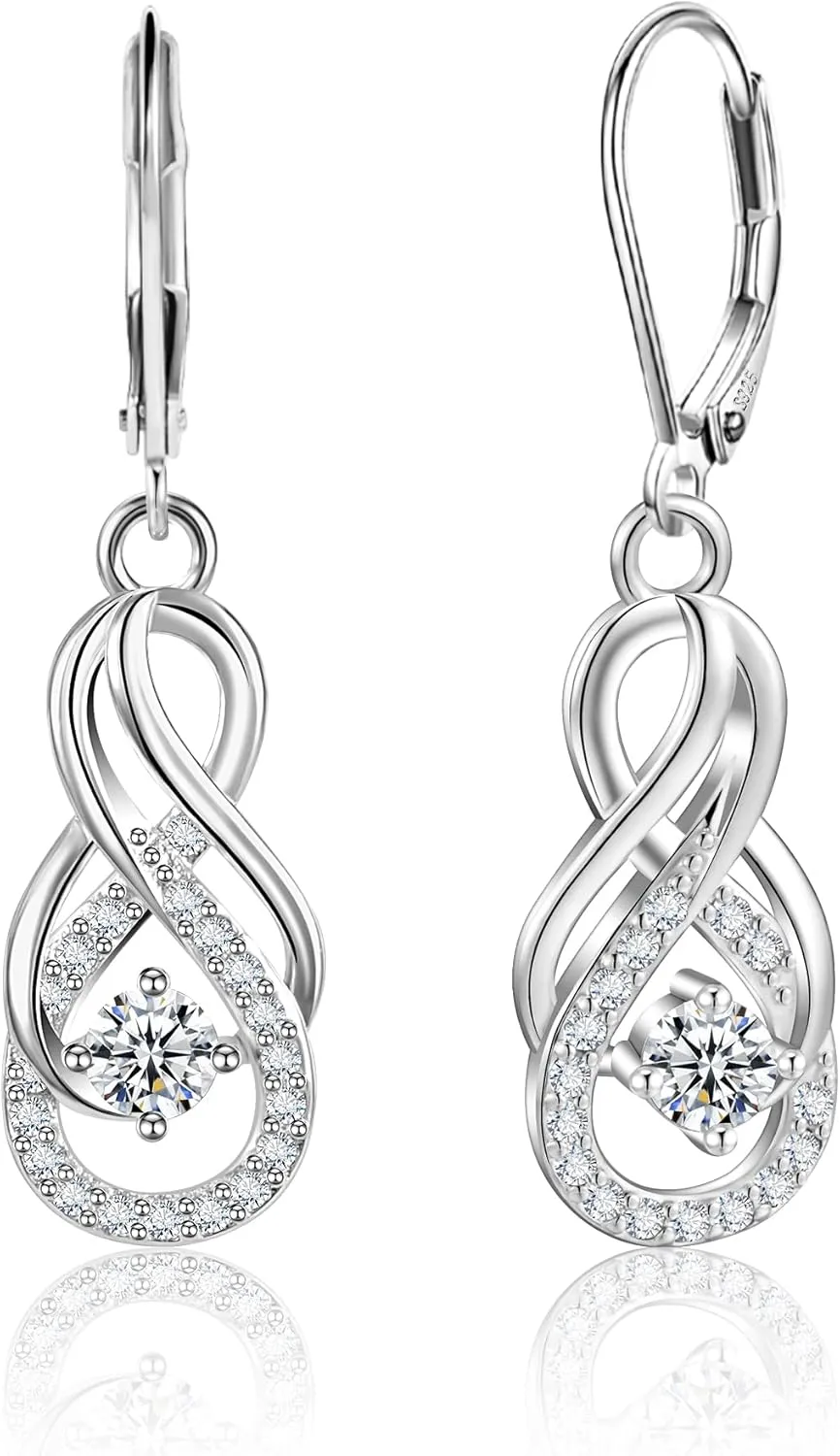 Sterling Silver Dangle Earrings for Women Trendy Hypoallergenic Leverback Silver Drop Earrings with Cubic Zirconia Double Twisted Infinity Heart Ball Charm Dangle Drop Earring Jewelry