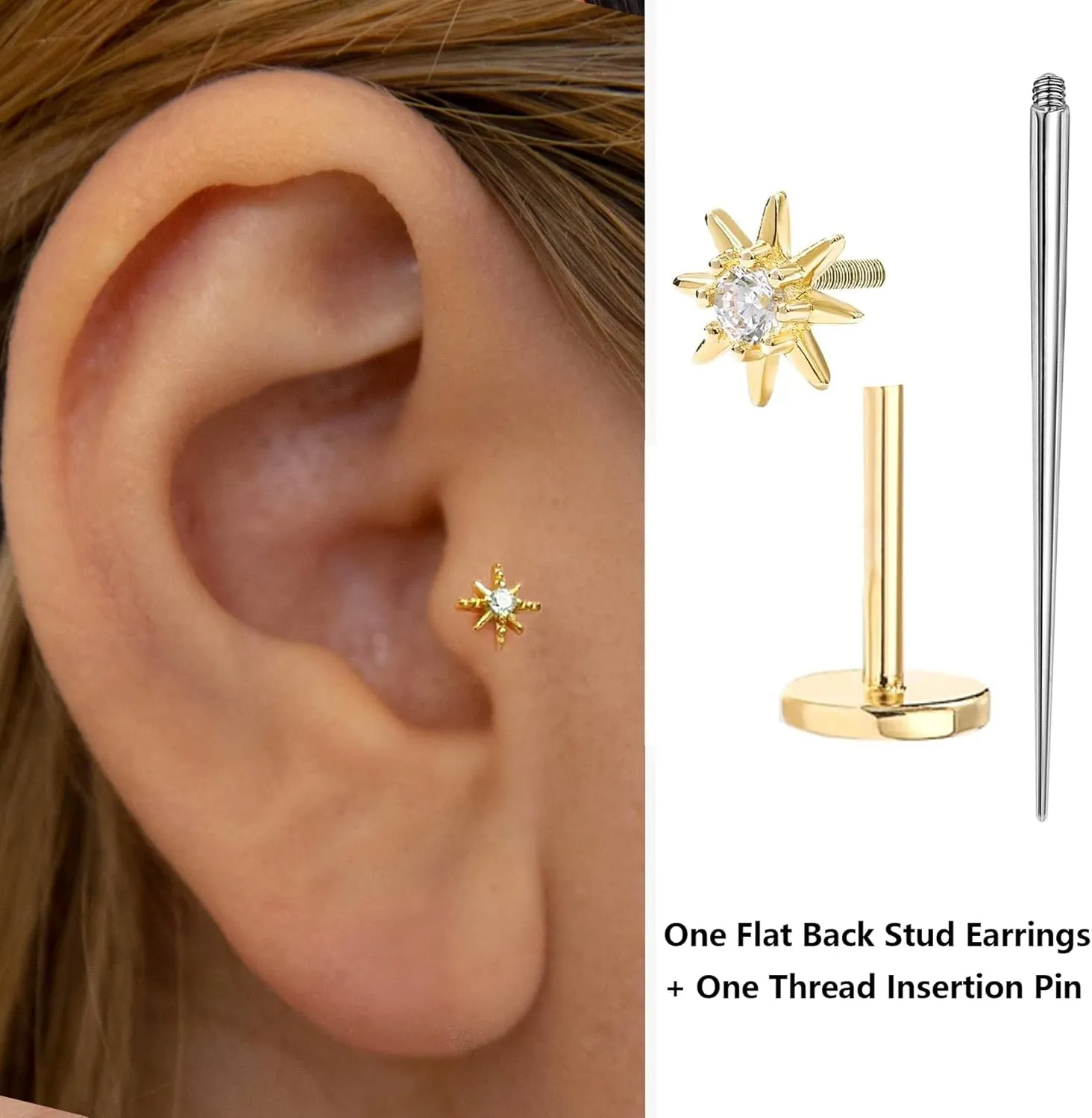 Sterling Silver Flat Back Stud Earrings 16G Cartilage Earring Internally Threaded Earrings Piercing Tragus Earrings for Women