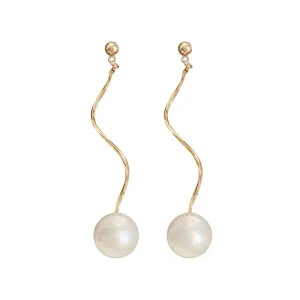 Sterling Silver Gold Plated Pearl Dangle Earrings Curve Chain Earrings Long Dangle Earrings for Women Teen Girls(Gold)