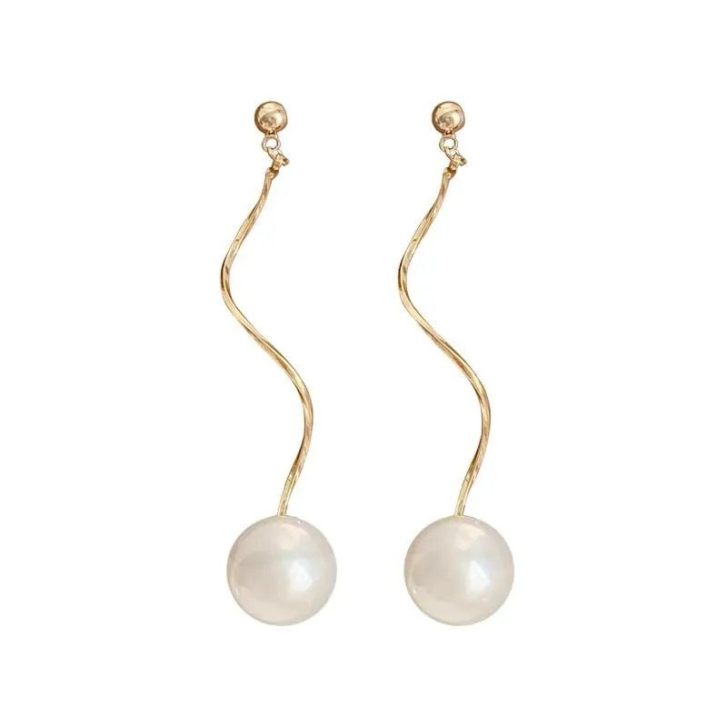 Sterling Silver Gold Plated Pearl Dangle Earrings Curve Chain Earrings Long Dangle Earrings for Women Teen Girls(Gold)