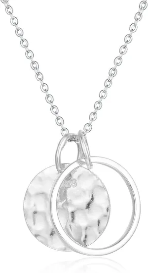Sterling Silver Hammered Disc Karma Circle Pendant with 18'' Necklace Chain Fine Jewelry