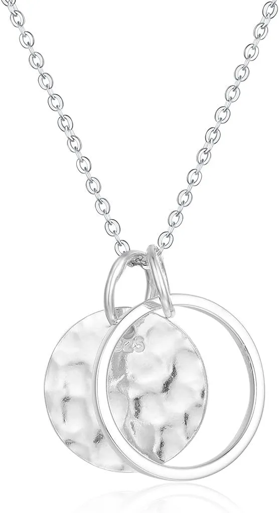 Sterling Silver Hammered Disc Karma Circle Pendant with 18'' Necklace Chain Fine Jewelry