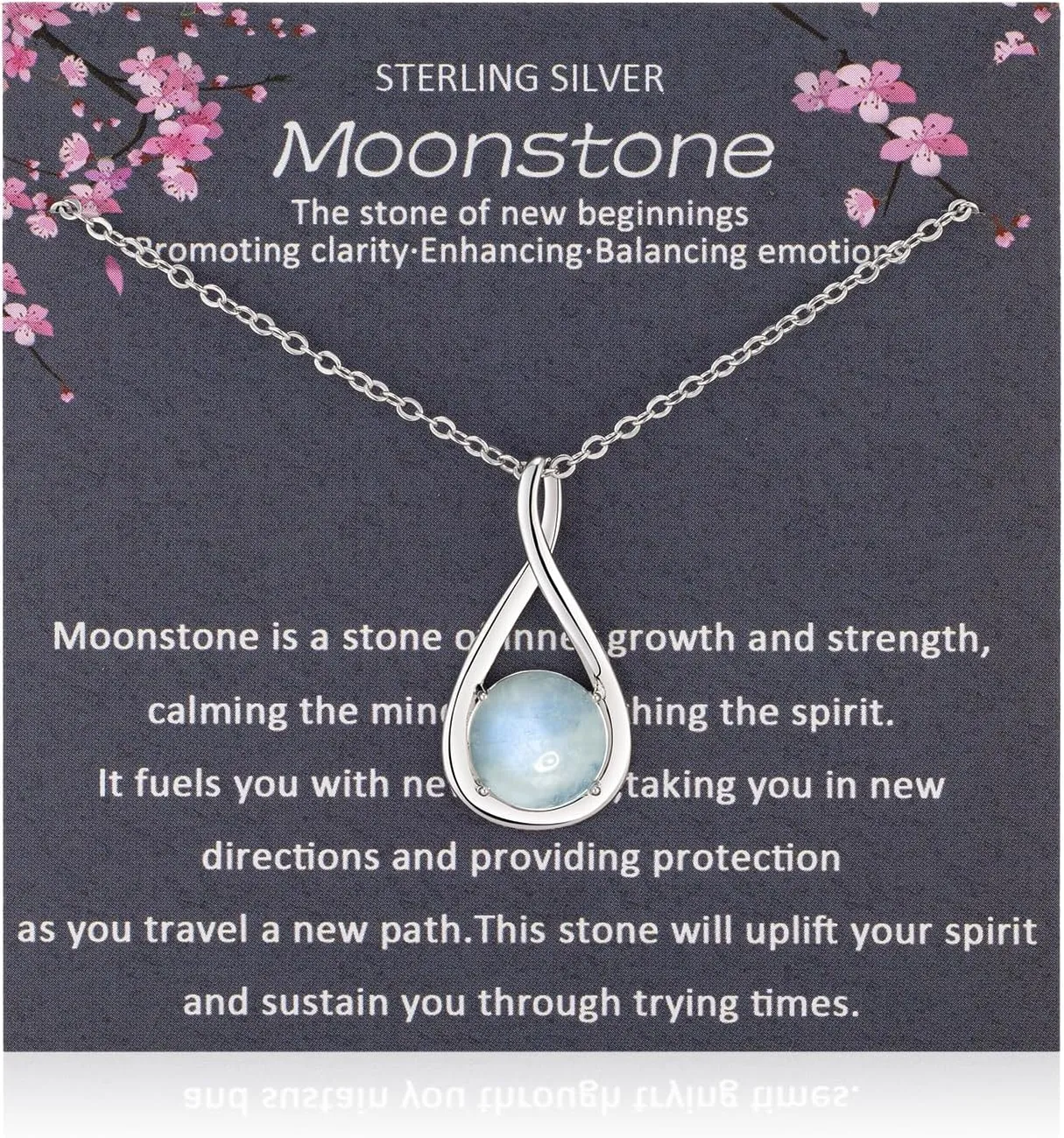 Sterling Silver Moonstone Necklace, Infinity Pendant with Chain, New Beginnings Gift with White Sage