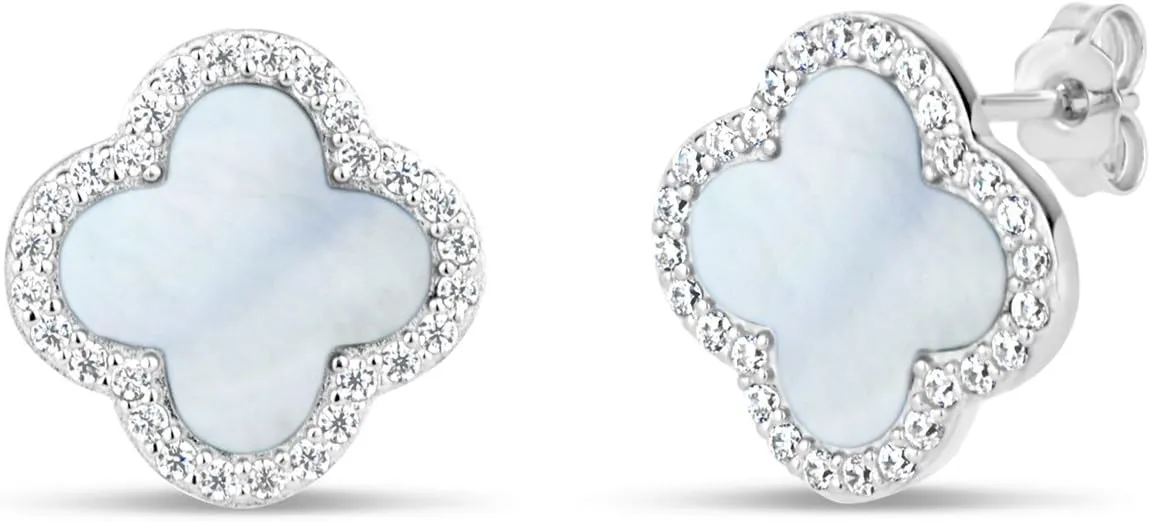 Sterling Silver Mother of Pearl Clover and Cubic Zirconia Accent Stud Earrings