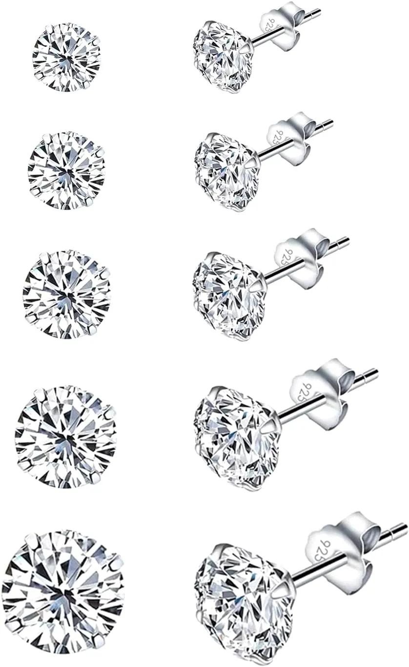 Sterling Silver Stud Earrings for Women 5 Pairs Hypoallergenic Stud Earrings Set Cubic Zirconia Earrings Studs for Girls Women Men Jewelry Gift