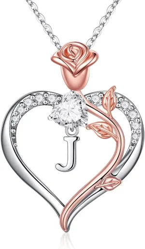 STORUP Heart Initial Necklaces for Women Teen Girls, Rose Heart Initial Necklaces for Women Jewelry Birthday Gifts for Mom Wife Grandma Sister Daughter Her