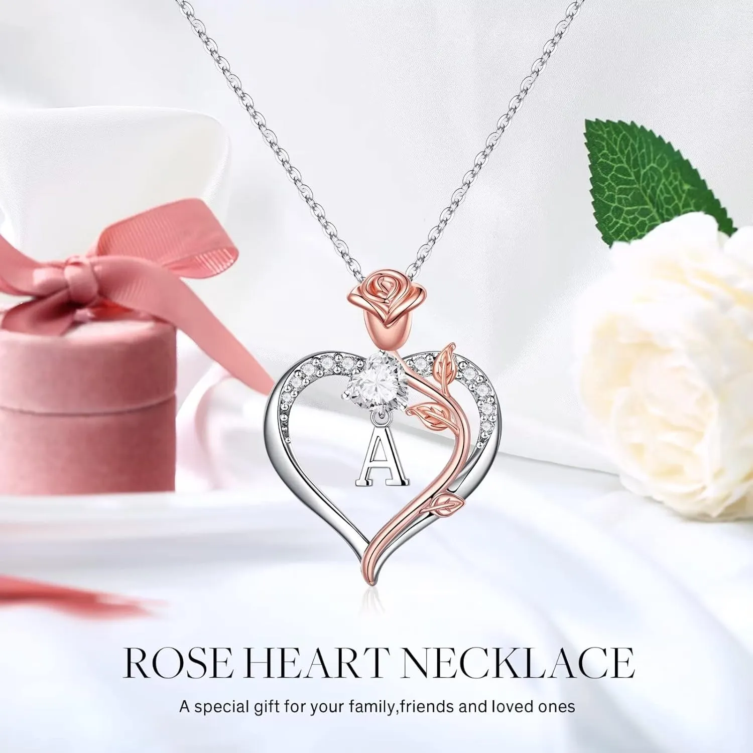 STORUP Heart Initial Necklaces for Women Teen Girls, Rose Heart Initial Necklaces for Women Jewelry Birthday Gifts for Mom Wife Grandma Sister Daughter Her