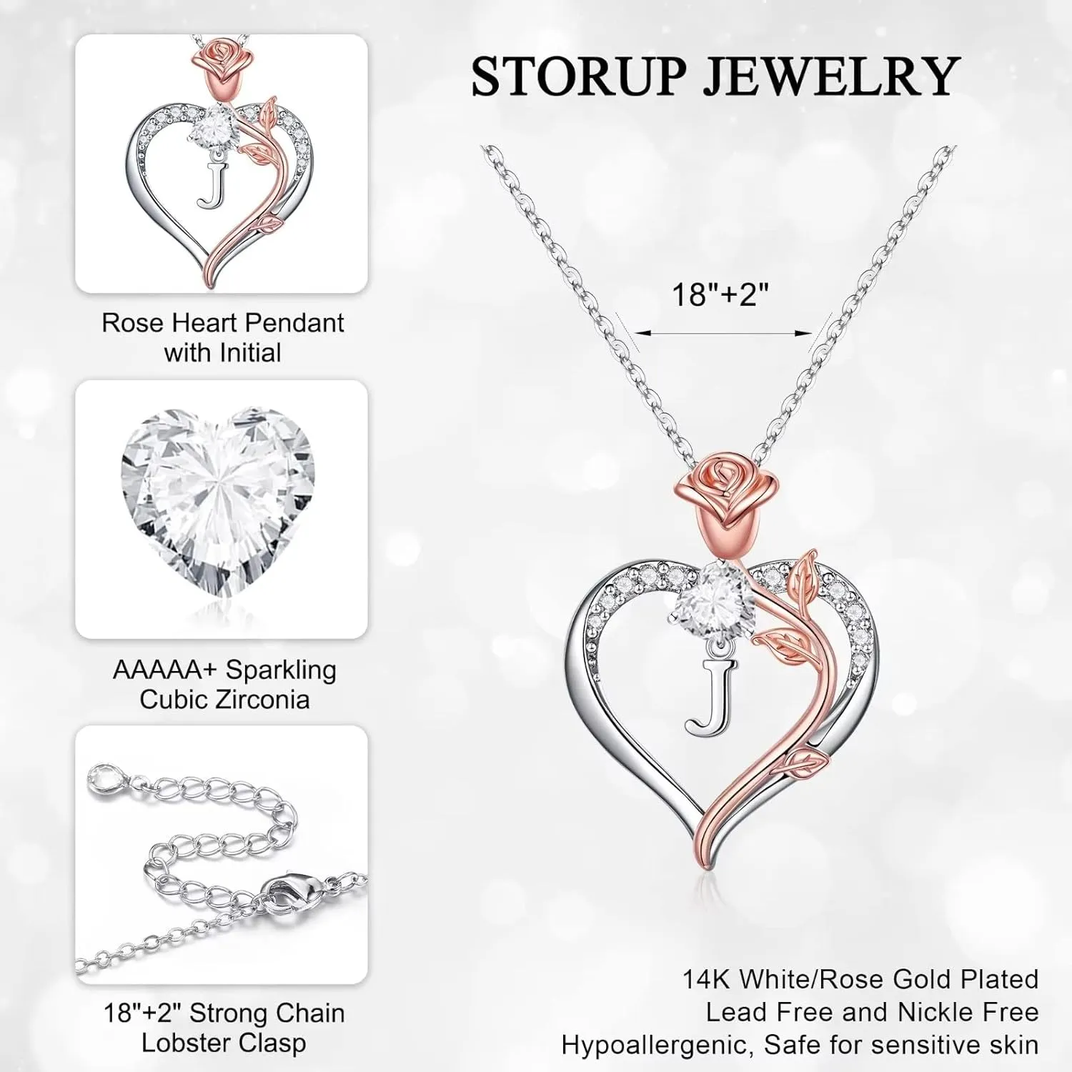 STORUP Heart Initial Necklaces for Women Teen Girls, Rose Heart Initial Necklaces for Women Jewelry Birthday Gifts for Mom Wife Grandma Sister Daughter Her