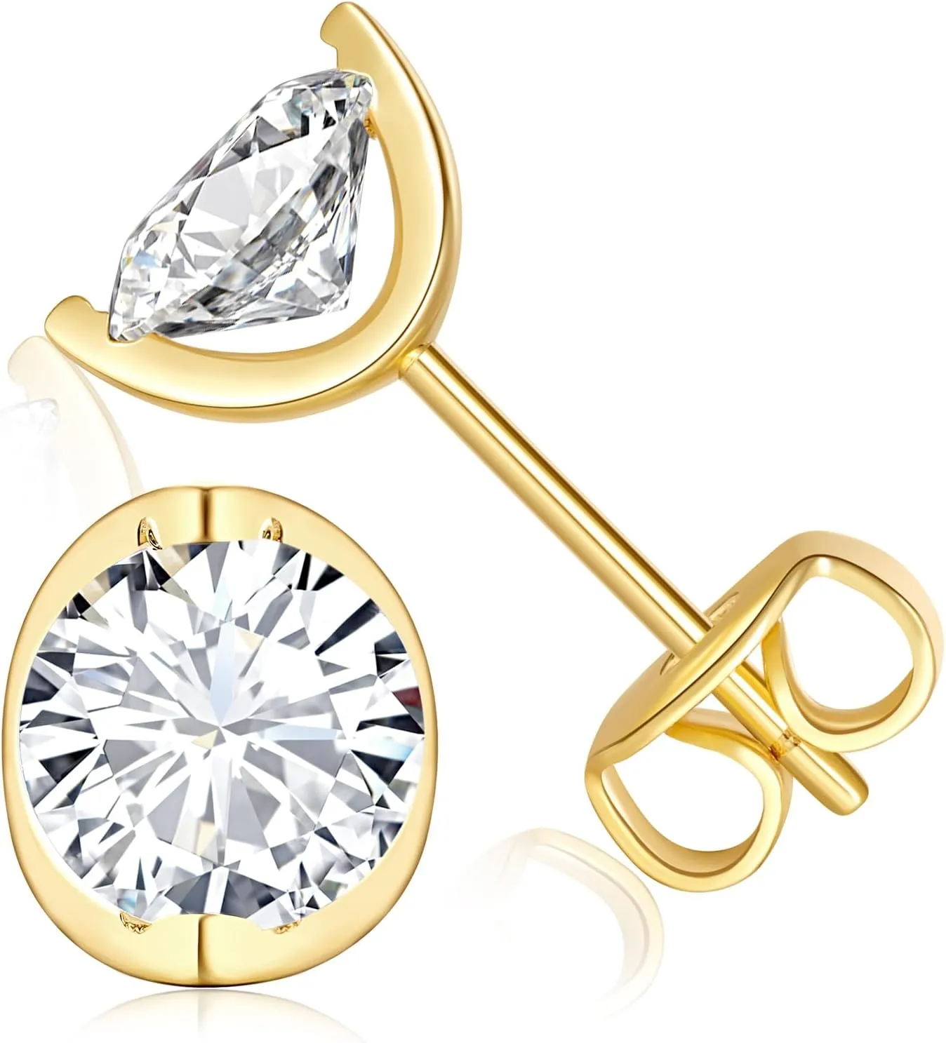 Stud Earrings 14K Gold Earrings Hypoallergenic Gold Studs Earrings for Women with Round Cubic Zirconia, Comfortable Wear, Petite Diamond Stud Earrings (6mm)