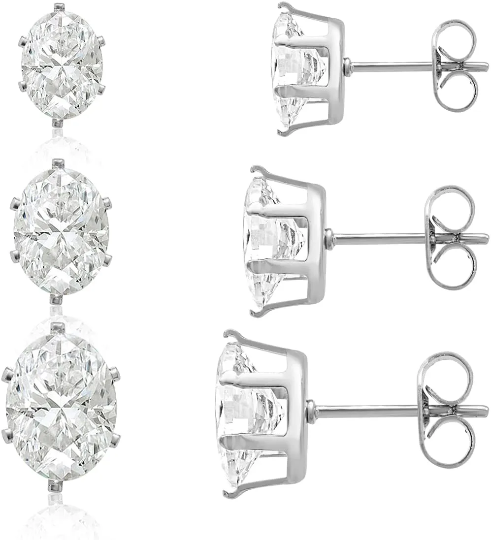 Stud Earrings Set, Hypoallergenic Cubic Zirconia Earrings Stainless Steel Cubic Zirconia Earrings 3-7mm, Silver, Rose and Yellow Gold Tone, Jewelry Boxed Sets Genuine Cubic Zirconia Earrings