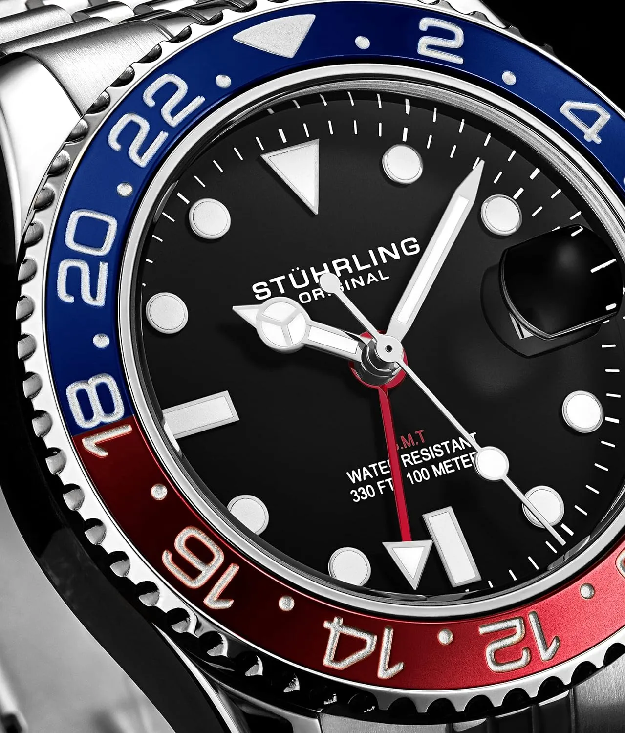 Stuhrling Original Men's Stainless Steel Jubilee Bracelet GMT Watch Quartz, Dual Time, Quickset Date with Screw Down Crown, Water Resistant up to 10 ATM