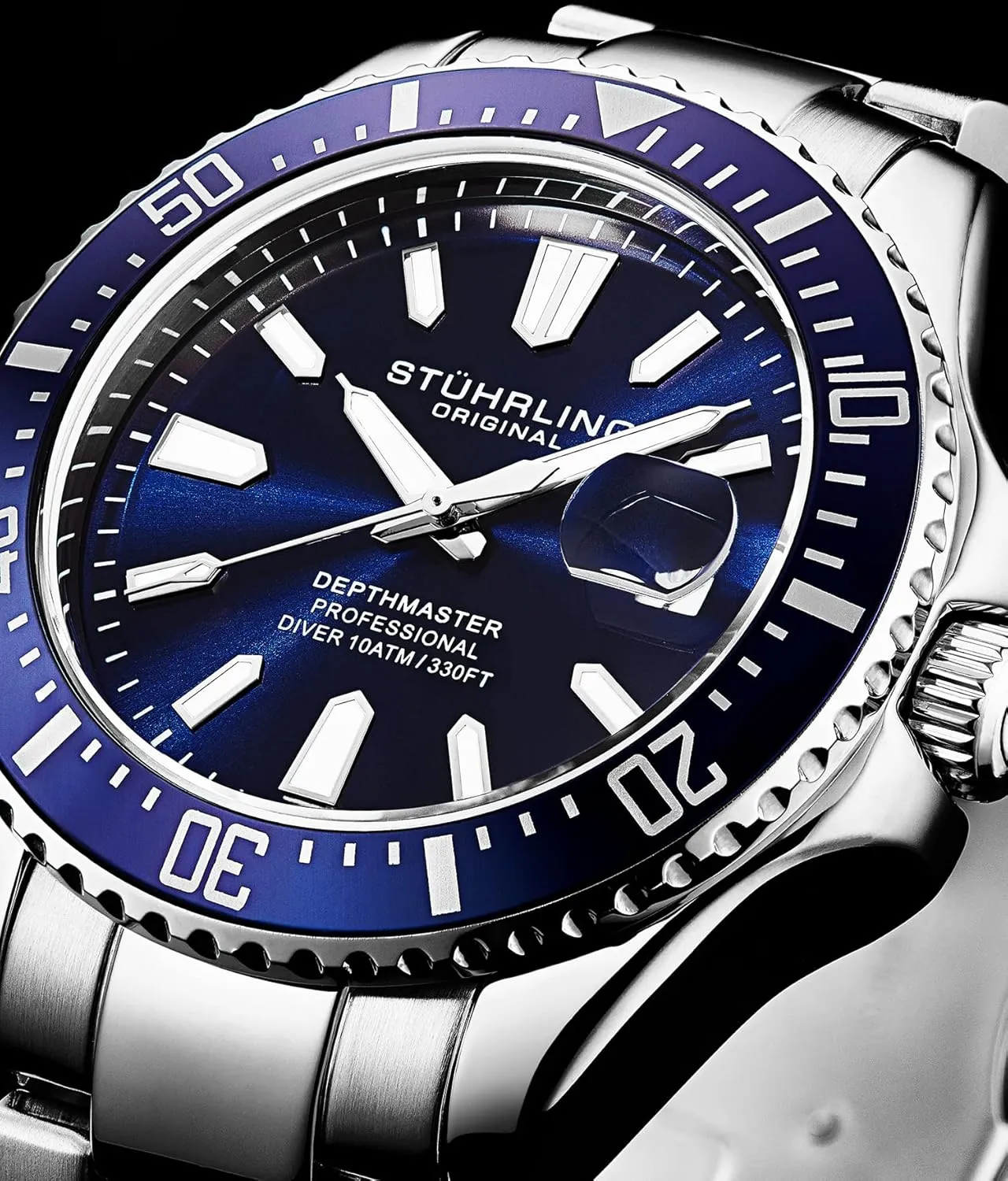 Stuhrling Original Men's Watches Pro Dive Watch Sports Watch with 42 MM Case Blue Dial Stainless Steel Silver Bracelet Diving Watch for Men
