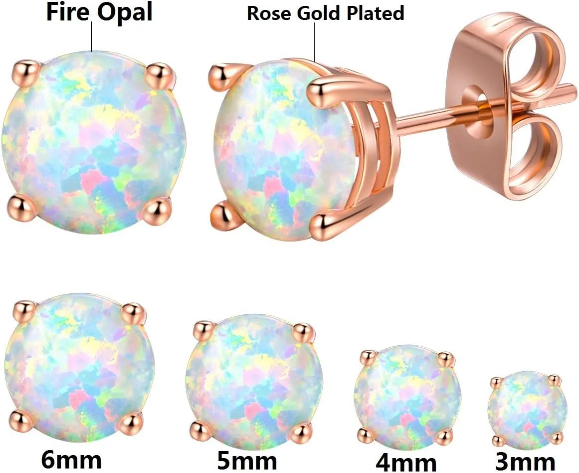 Stunning Rose Gold Plated Opal Studs, 18K Rose Gold Plated Opal Stud Earrings 6MM Round For Women