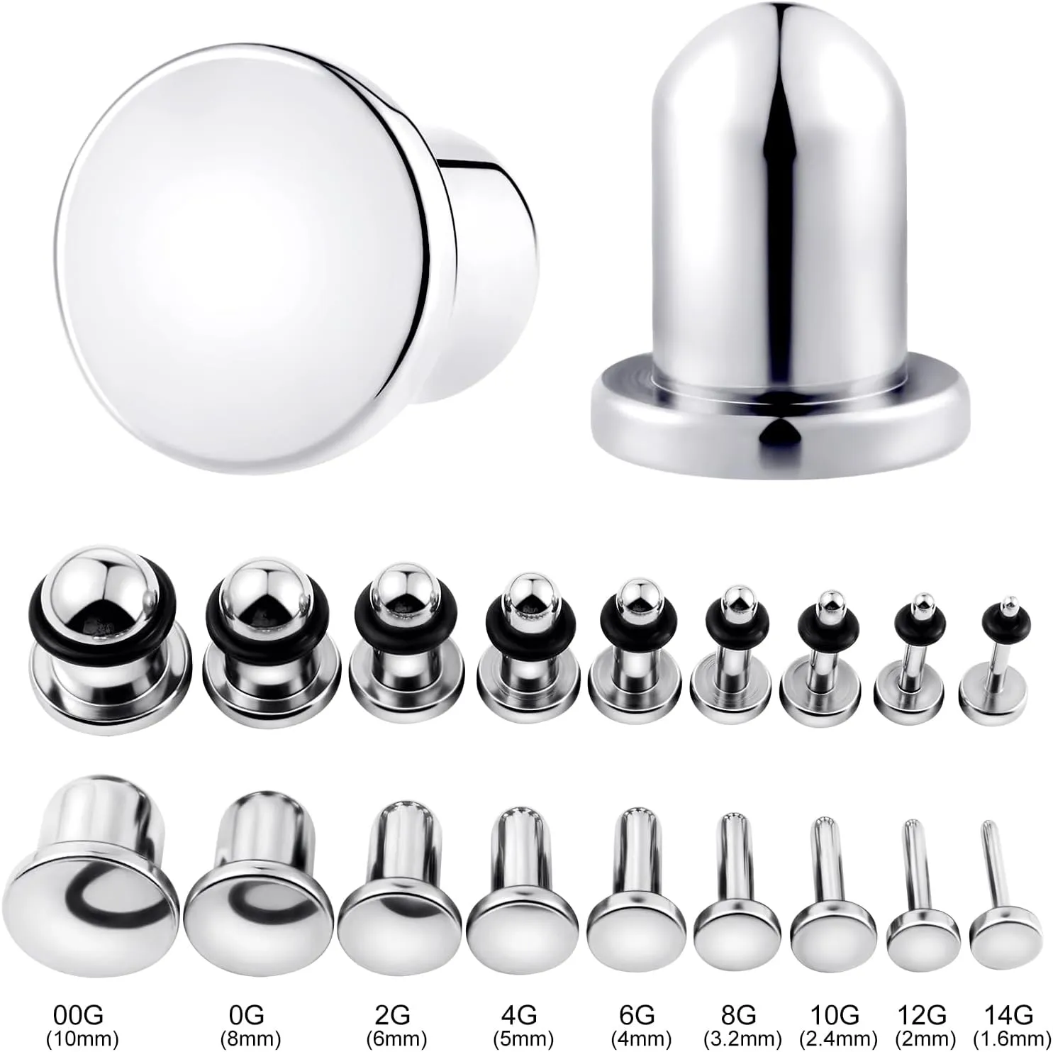Stuppendux 9Pairs Stainless Steel Stretching Kit Ear Plugs Expander Single Flat Body Piercing Jewelry Set 14G-00G 1.6mm-10mm