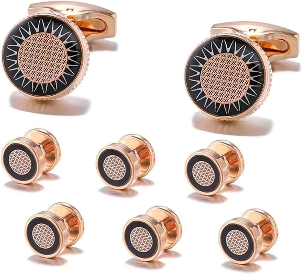 Sun Flower Cufflinks & Studs Set Rose Gold Abstract Ornamental Floral Formal Set YW44