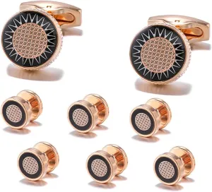 Sun Flower Cufflinks & Studs Set Rose Gold Abstract Ornamental Floral Formal Set YW44