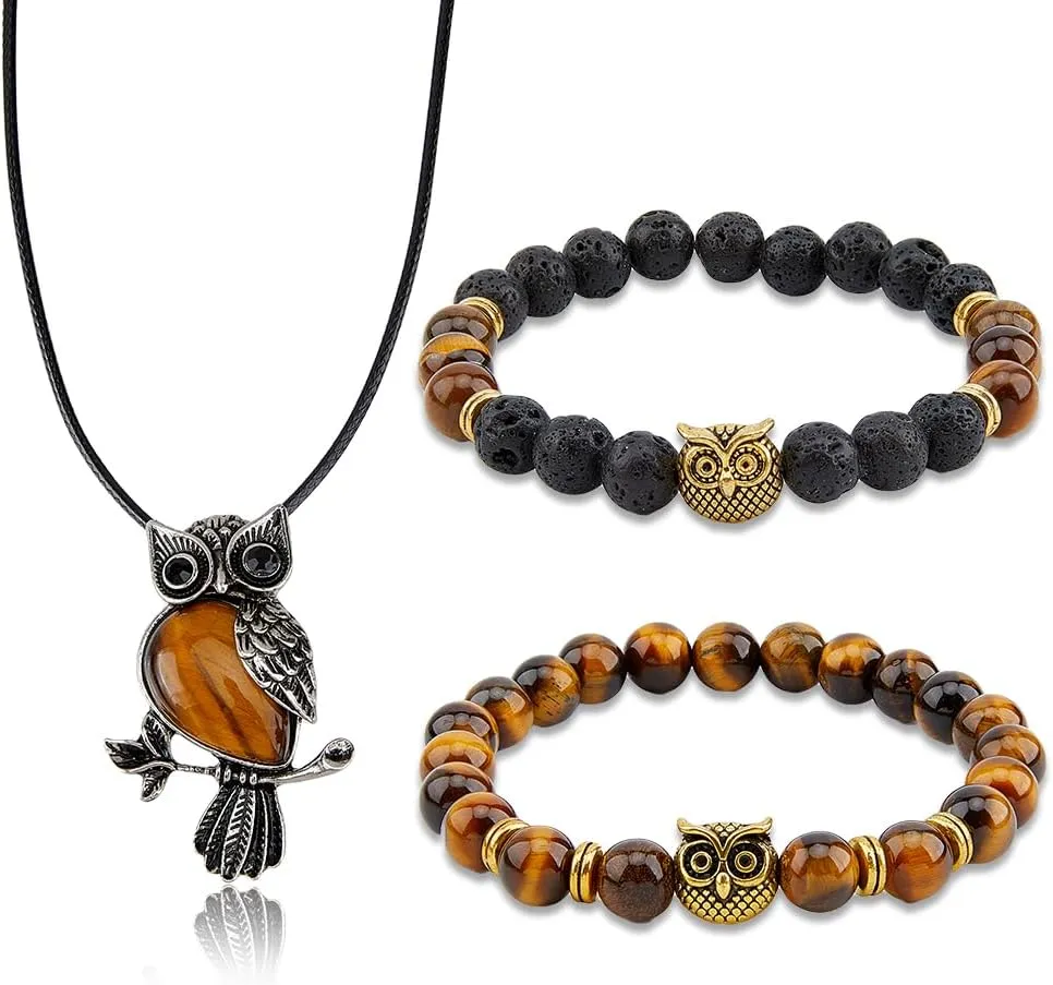 SUPERFINDINGS 3Pcs Owl Jewelry Set Reiki Spiritual Obsidian Crystal Necklace Elastic Yoga Stretch Bracelets Healing Energy Round Beaded Stone Bracelets Friendship Bracelets for Women