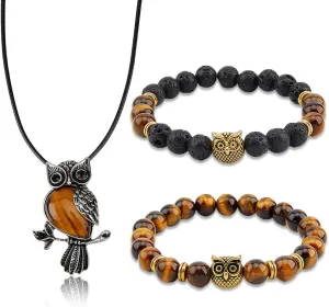 SUPERFINDINGS 3Pcs Owl Jewelry Set Reiki Spiritual Obsidian Crystal Necklace Elastic Yoga Stretch Bracelets Healing Energy Round Beaded Stone Bracelets Friendship Bracelets for Women