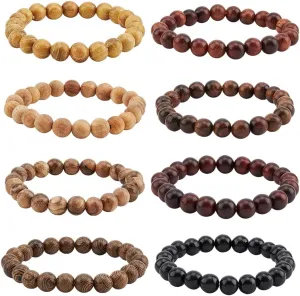 SUPERFINDINGS 8Pcs Wooden Beaded Bracelet Prayer Bead Stretch Elastic Bracelets Round Gemstones Bracelet Fashion Sandalwood Bracelets Birthday Holiday Jewelry Gifts for Husbon