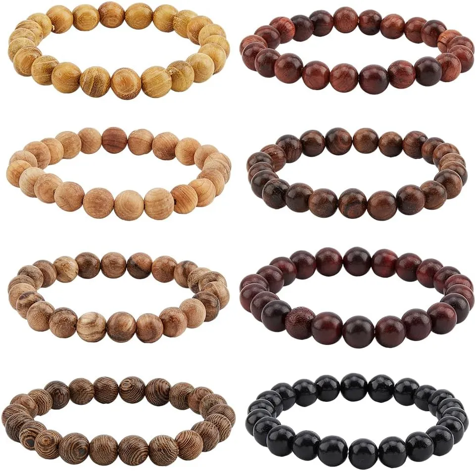SUPERFINDINGS 8Pcs Wooden Beaded Bracelet Prayer Bead Stretch Elastic Bracelets Round Gemstones Bracelet Fashion Sandalwood Bracelets Birthday Holiday Jewelry Gifts for Husbon