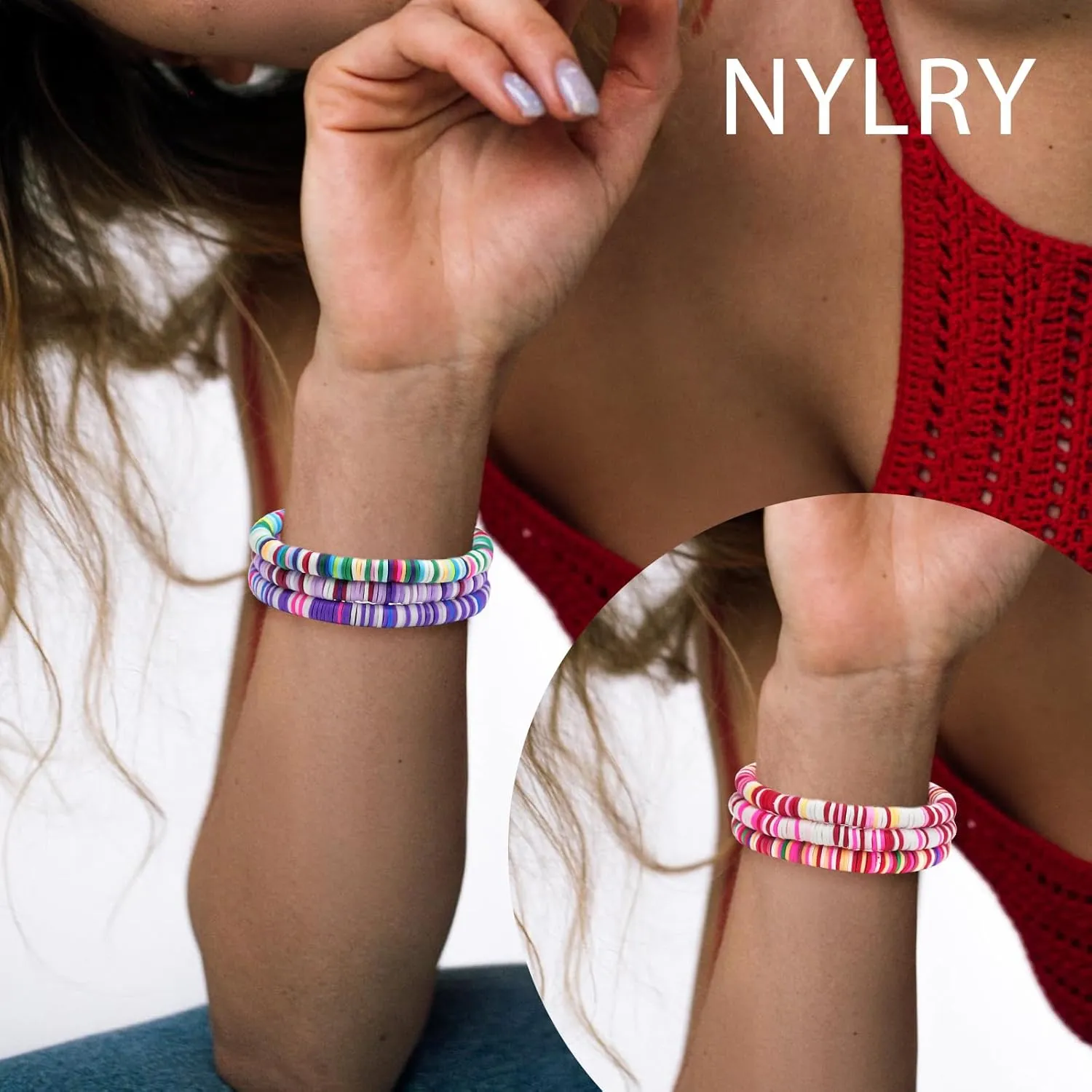 Surfer Heishi Clay Bead Bracelets for Women Pink Bohemian Stackable Stretch Beaded Bracelets Set Polymer Clay Bracelets Friendship Bracelets Preppy Bracelets Boho Summer Beach Jewelry for Women
