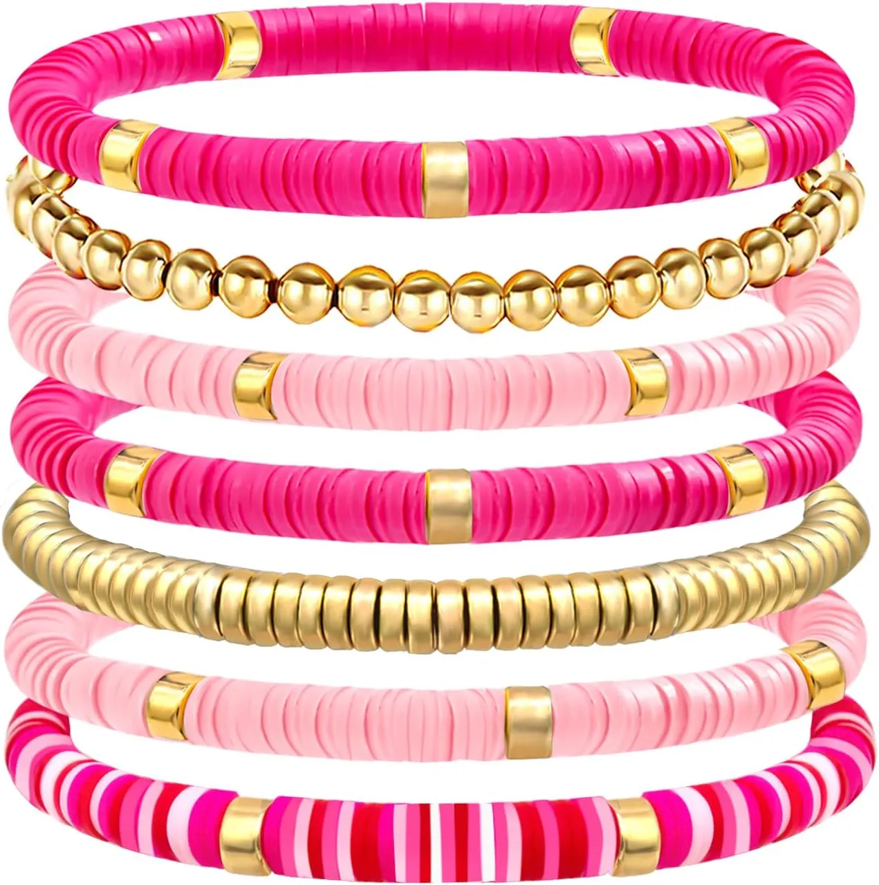 Surfer Heishi Clay Bead Bracelets for Women Pink Bohemian Stackable Stretch Beaded Bracelets Set Polymer Clay Bracelets Friendship Bracelets Preppy Bracelets Boho Summer Beach Jewelry for Women