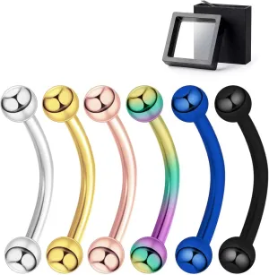 Surgical Stainless Steel Curved Barbell Eyebrow Tragus Helix Ear Belly Lip Ring Body Piercing Jewelry Set - Silver, Gold, Rose Gold, Multicolor, Blue, Black - Stylish Eyebrow Rings for Women, Vertical Labret Lip Piercing Included