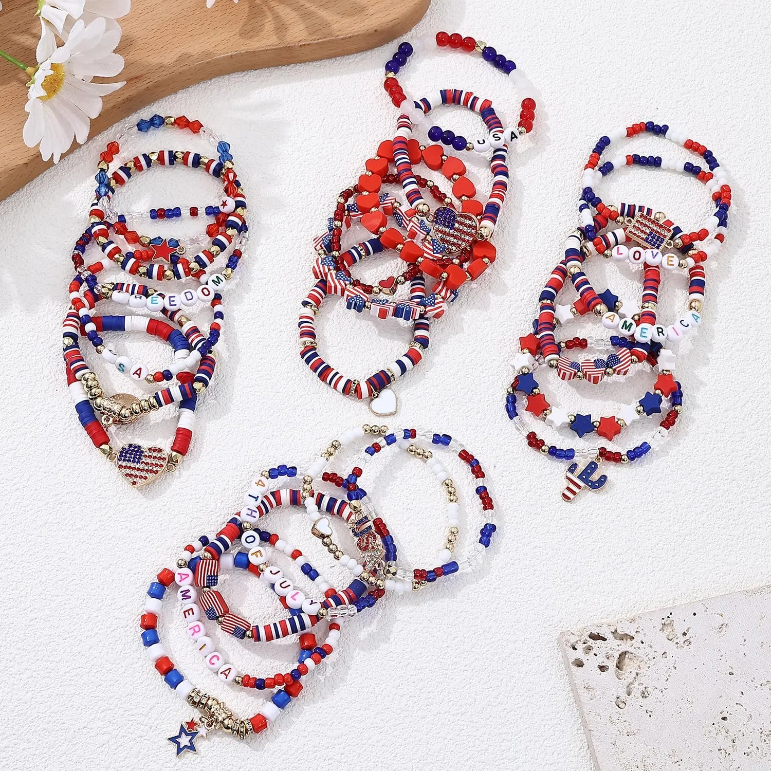 Taouzi 24 Pieces Surfer Heishi Bracelets for Women Handmade Stackable Stretch Friendship Bracelets Bulk 4th of July Bracelets Holiday Jewelry Gifts for Women Men