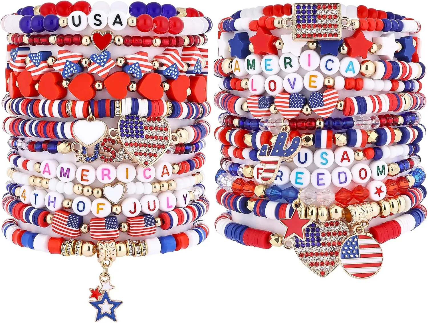 Taouzi 24 Pieces Surfer Heishi Bracelets for Women Handmade Stackable Stretch Friendship Bracelets Bulk 4th of July Bracelets Holiday Jewelry Gifts for Women Men