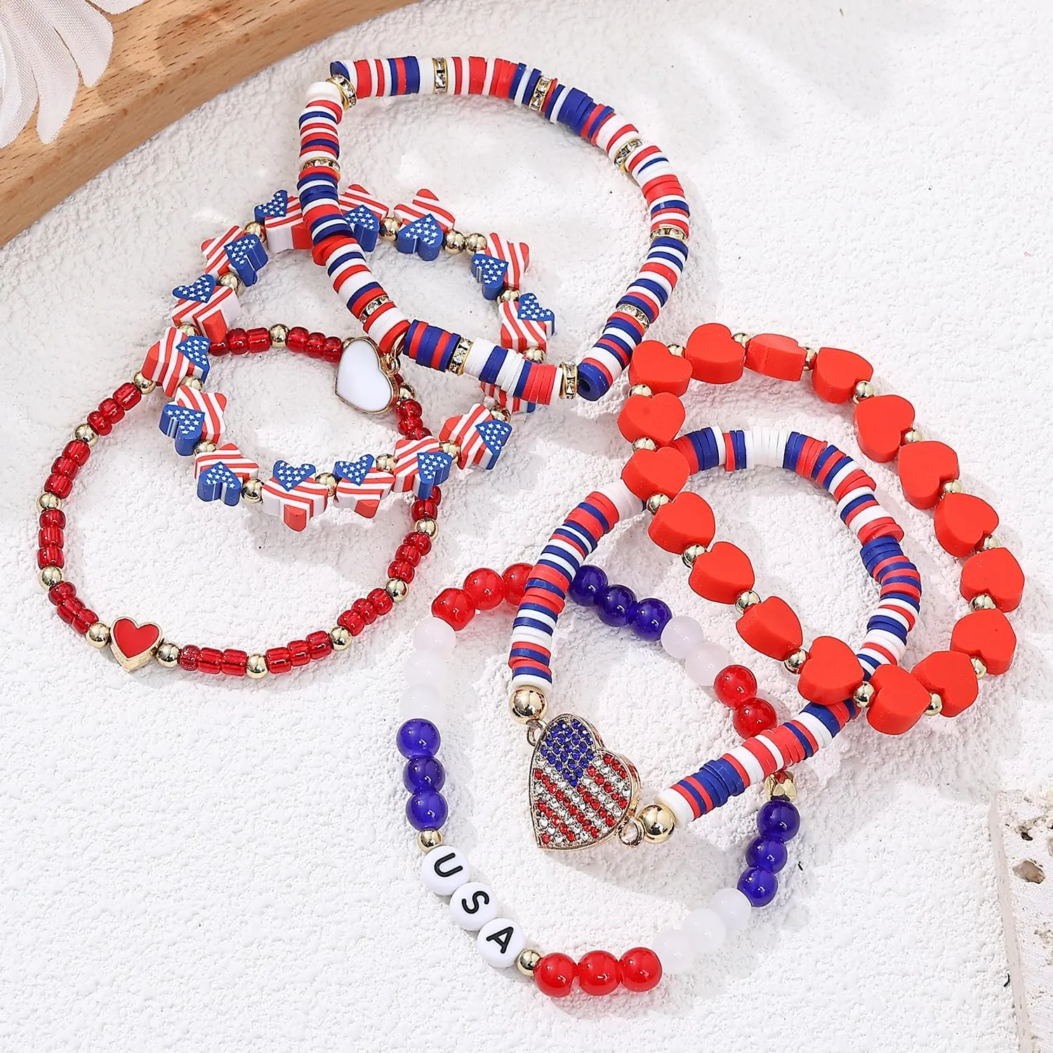 Taouzi 24 Pieces Surfer Heishi Bracelets for Women Handmade Stackable Stretch Friendship Bracelets Bulk 4th of July Bracelets Holiday Jewelry Gifts for Women Men
