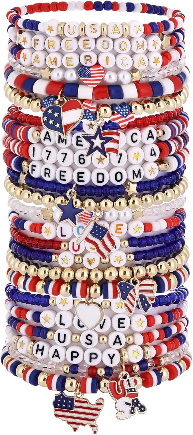 Taouzi 24 Pieces Surfer Heishi Bracelets for Women Handmade Stackable Stretch Friendship Bracelets Bulk 4th of July Bracelets Holiday Jewelry Gifts for Women Men