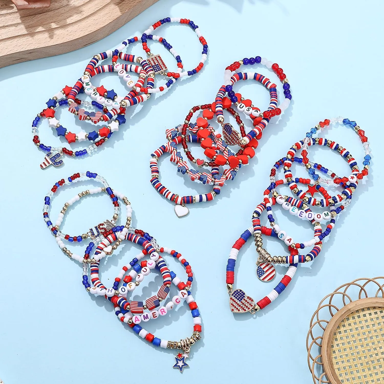 Taouzi 24 Pieces Surfer Heishi Bracelets for Women Handmade Stackable Stretch Friendship Bracelets Bulk 4th of July Bracelets Holiday Jewelry Gifts for Women Men