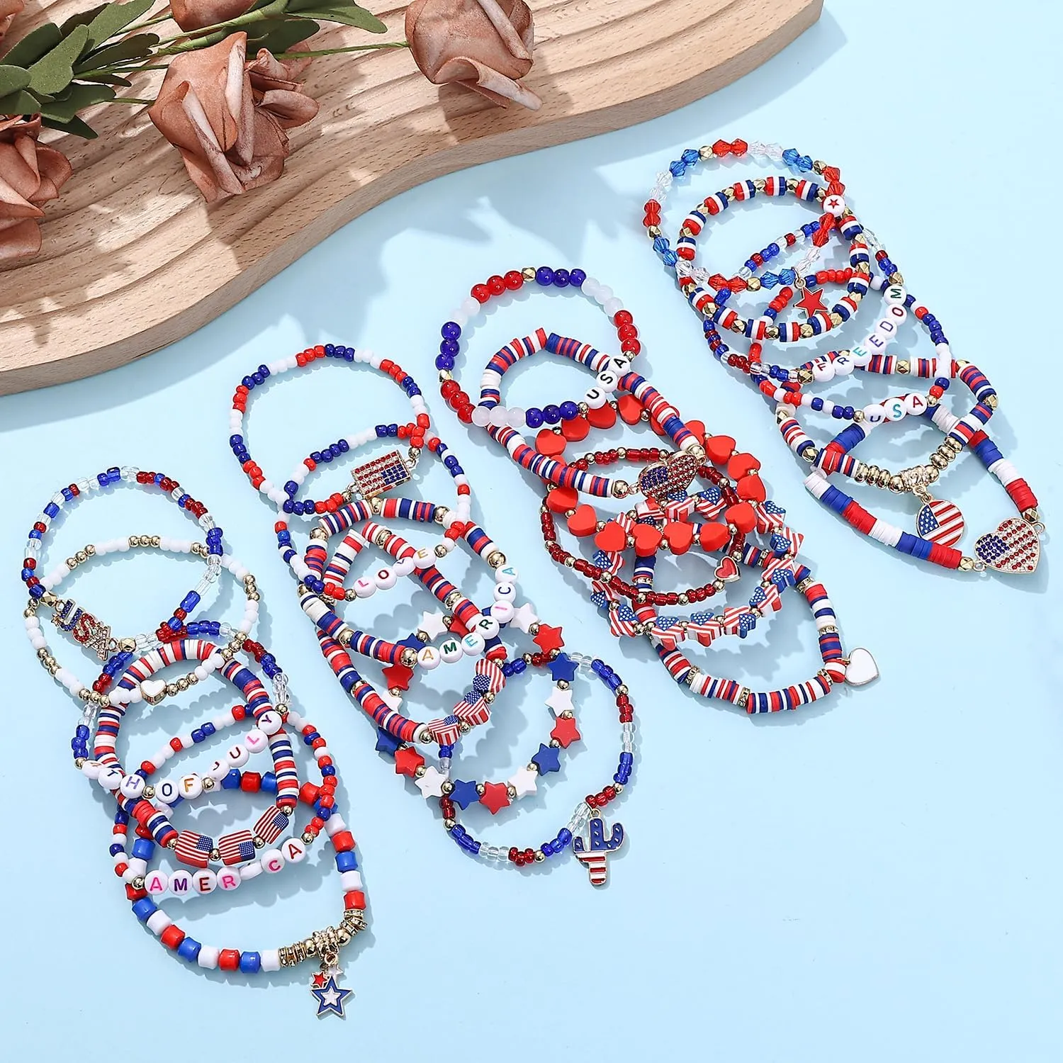 Taouzi 24 Pieces Surfer Heishi Bracelets for Women Handmade Stackable Stretch Friendship Bracelets Bulk 4th of July Bracelets Holiday Jewelry Gifts for Women Men