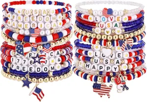 Taouzi 24 Pieces Surfer Heishi Bracelets for Women Handmade Stackable Stretch Friendship Bracelets Bulk 4th of July Bracelets Holiday Jewelry Gifts for Women Men