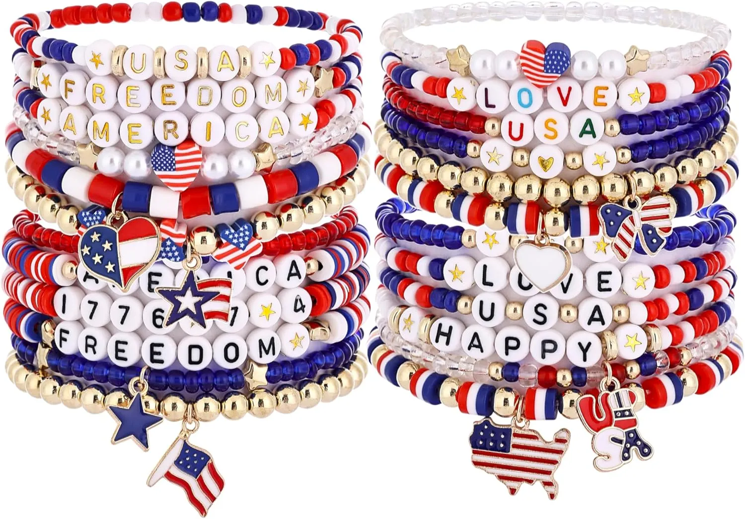 Taouzi 24 Pieces Surfer Heishi Bracelets for Women Handmade Stackable Stretch Friendship Bracelets Bulk 4th of July Bracelets Holiday Jewelry Gifts for Women Men