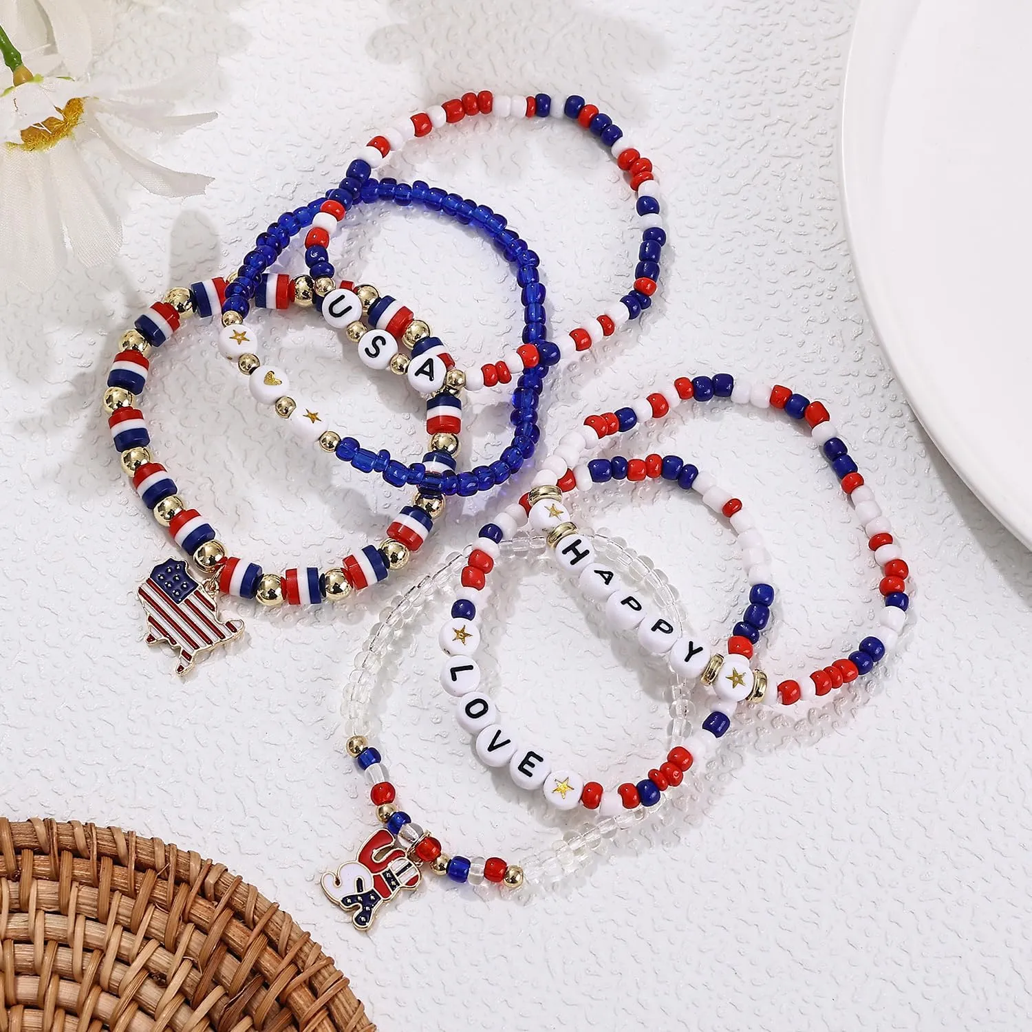 Taouzi 24 Pieces Surfer Heishi Bracelets for Women Handmade Stackable Stretch Friendship Bracelets Bulk 4th of July Bracelets Holiday Jewelry Gifts for Women Men