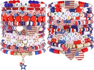 Taouzi 24 Pieces Surfer Heishi Bracelets for Women Handmade Stackable Stretch Friendship Bracelets Bulk 4th of July Bracelets Holiday Jewelry Gifts for Women Men