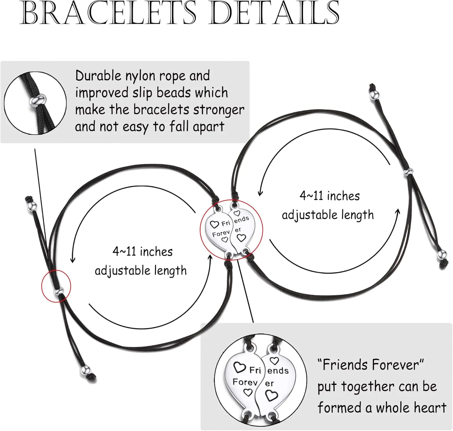 Tarsus Best Friend/Sister Bracelets for 2/3 Heart Matching Bracelets Gifts for Women Girls