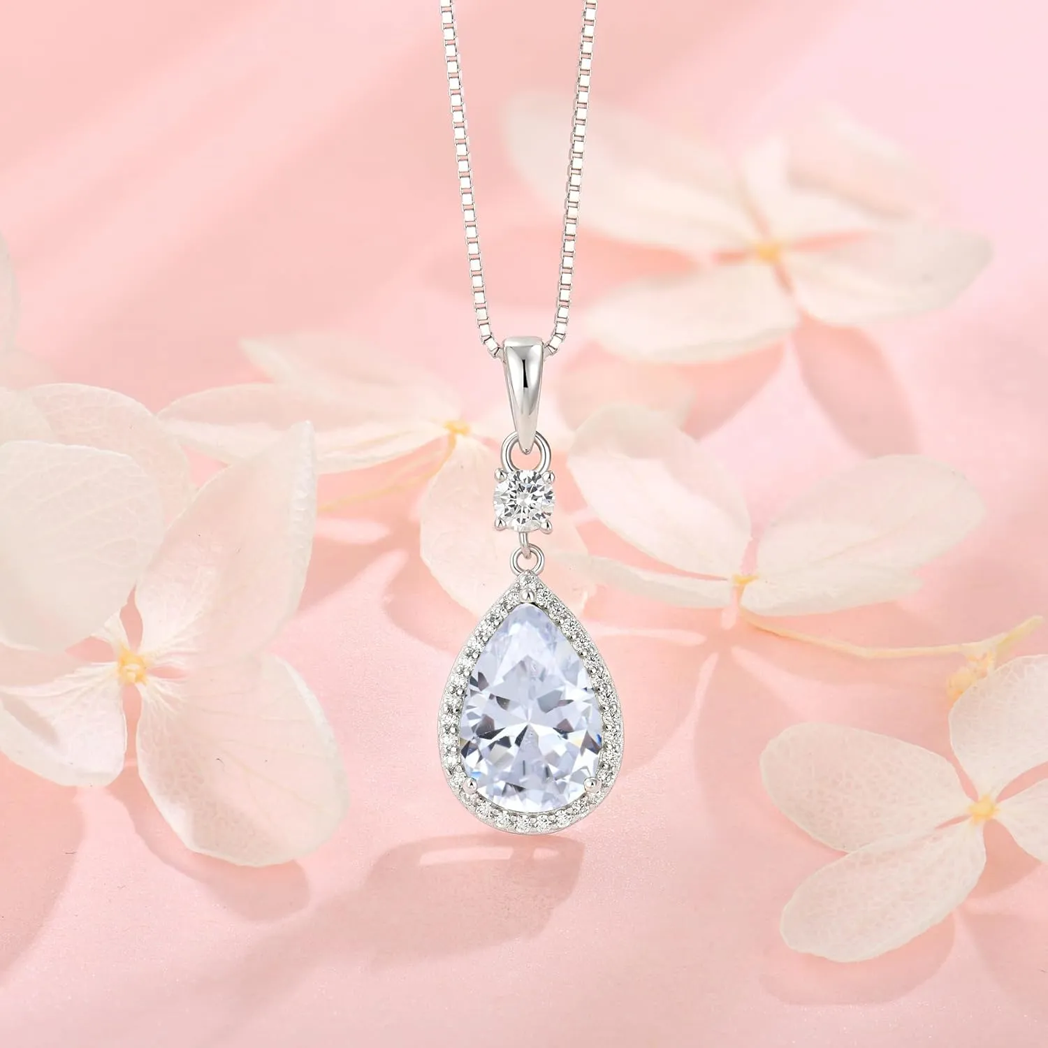 Teardrop Birthstone Necklace for Women 925 Sterling Silver 5A Cubic Zircon Pear Pendant Jewelry Anniversary Birthday Christmas Gifts for Her