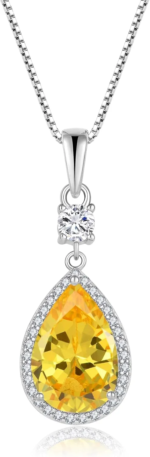 Teardrop Birthstone Necklace for Women 925 Sterling Silver 5A Cubic Zircon Pear Pendant Jewelry Anniversary Birthday Christmas Gifts for Her